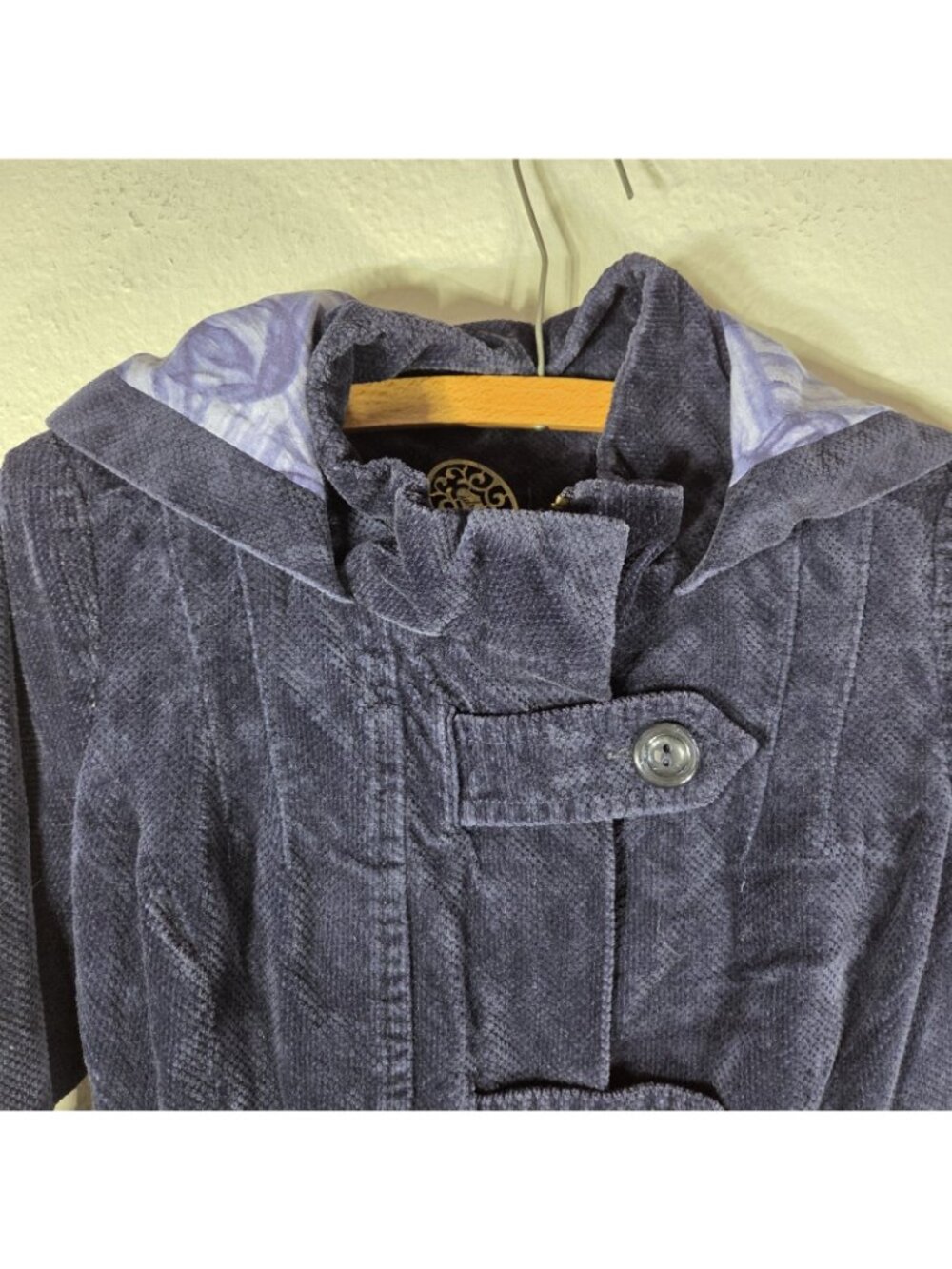 Anthropologie Idra Navy Blue Corduroy Hooded Jacket Size 0 Floral Swirl Lining - Picture 4 of 16